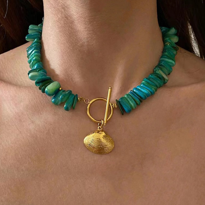 Summer Fashion Classic Irregular Green Shell Stone Short Necklace OT Button Copper Alloy Sea Shell Pendant Beach Choker Gift - Charlie Dolly