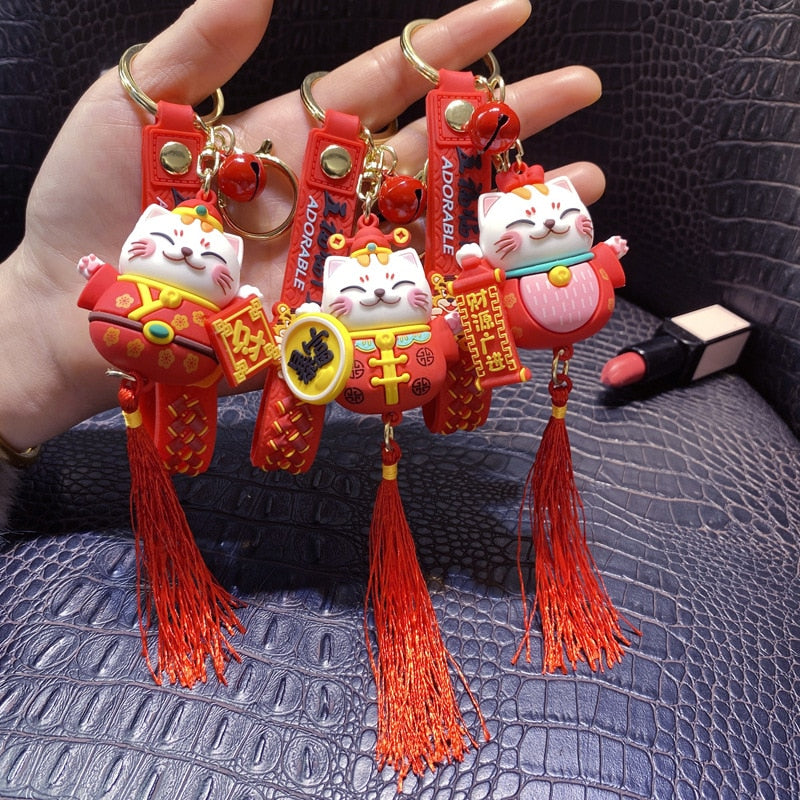 Handmade DIY Craft Rhinestone Lucky Cat Tassels Cartoon Cat Keychain Cute Bag Charm Holder Cartoon Resin Key Chain K4885 - Charlie Dolly