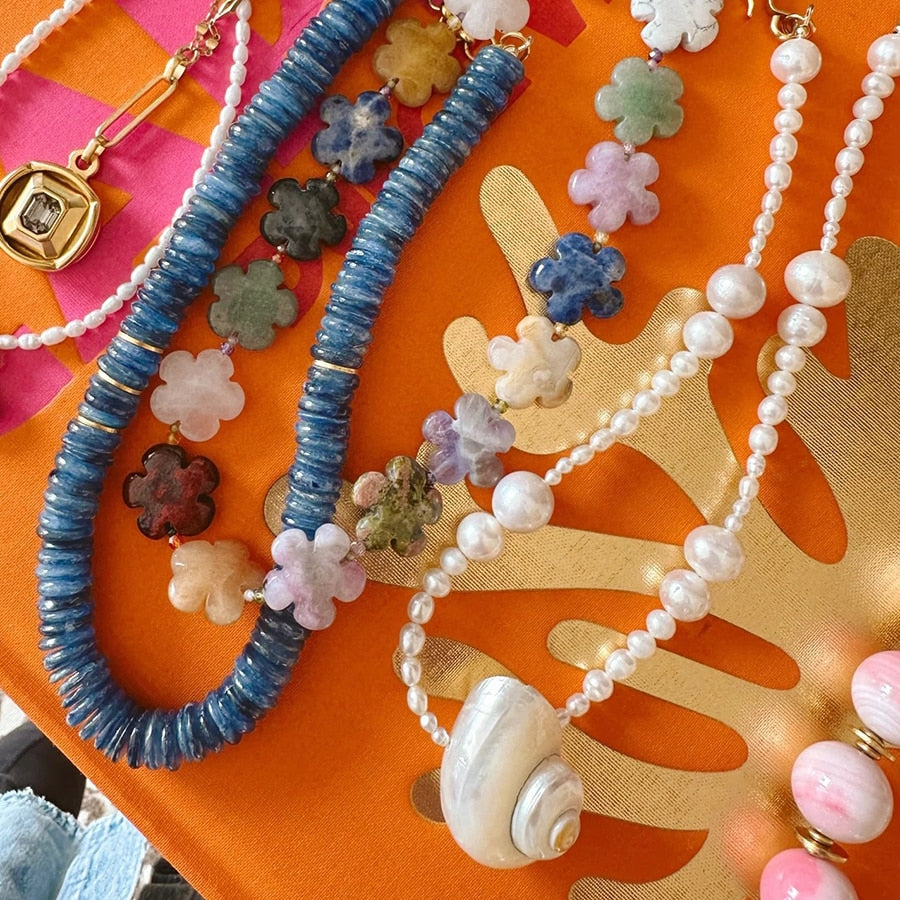 Boho semi-precious gemstone flower beads and mini faceted rondelle zircon crystal beads Scallop Conch shells Necklace - Charlie Dolly