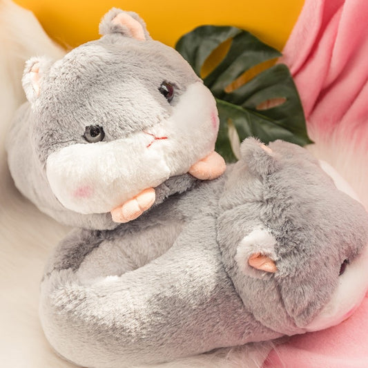 Cute Cartoon Hamster Design House Women Fur Slippers Gray Pink Brown Winter Warm Ladies Plush Shoes Onesize Fluffy Girls Slides - Charlie Dolly