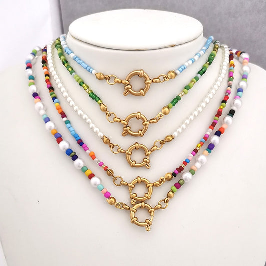 QMHJE Imitation Pearl Necklace Women Choker Seed Beads Rainbow Stainless Steel Clasp Sailor Buckle Base Chain Gold Color Boho - Charlie Dolly