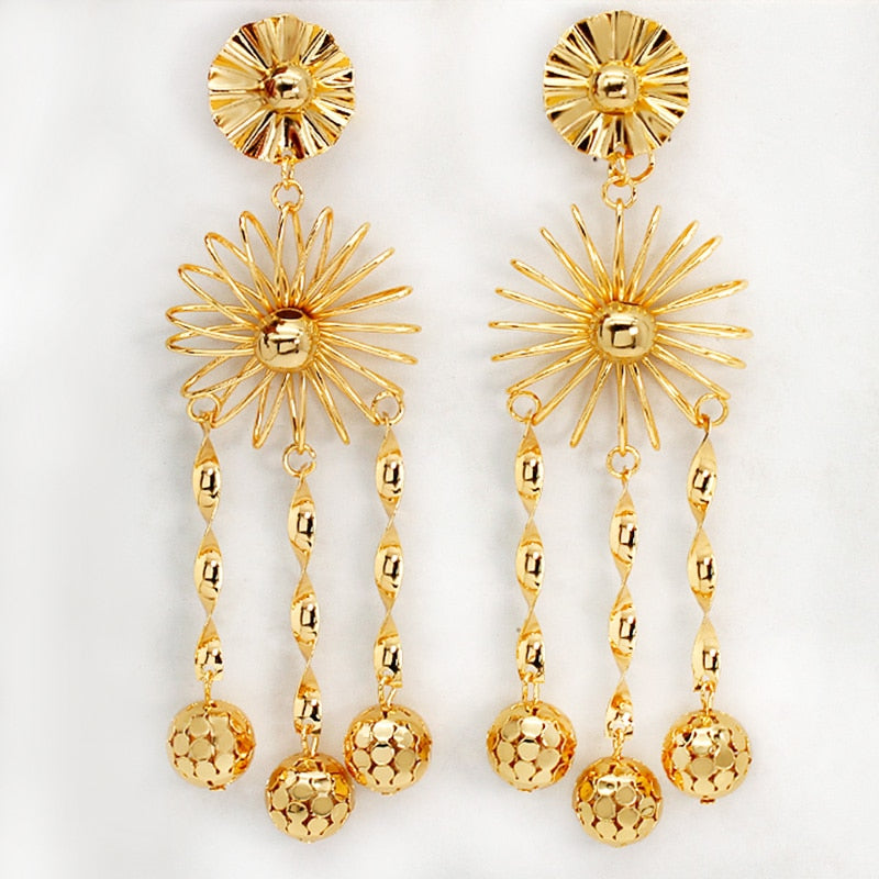 Long Hanging Earrings For Women Dubai African Beads Flower Drop Dangle Earring 24K Gold Plated Copper Fashion Jewelry Accessory - Charlie Dolly
