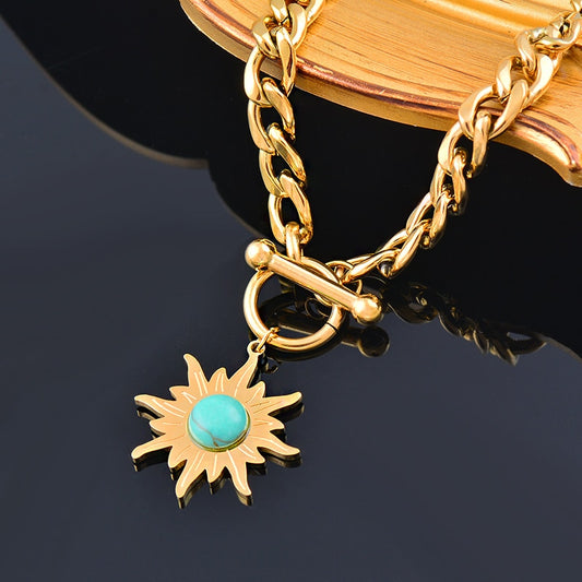 SINLEERY Stainless Steel Blue Stone Sunflower Pendant Necklace For Women Gold Color Chain Fashion Jewelry DL087 SSB - Charlie Dolly