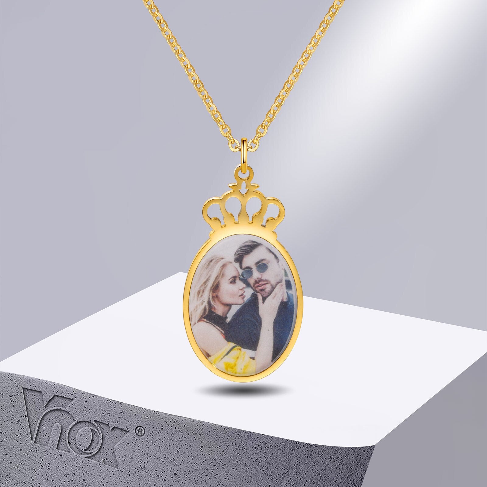 Vnox Free Personalize Photo Crown Necklaces for Women,Custom Picture Image Words Info, Stainless Steel Pendant Collar Gift - Charlie Dolly