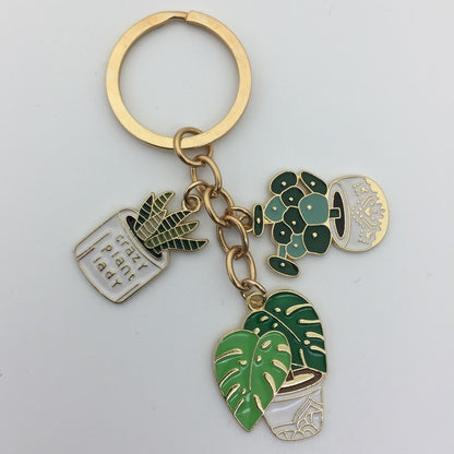 Cute fashion keychain ladies succulent potted succulent shaped keychain golden car keychain jewelry gift for friends
