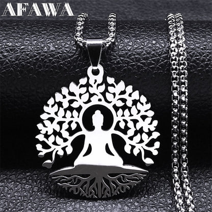 Buddhism Meditation Buddha Yoga Pendant Necklace Stainless Steel Tree of Life Necklace Buddhist Jewelry collares para mujer