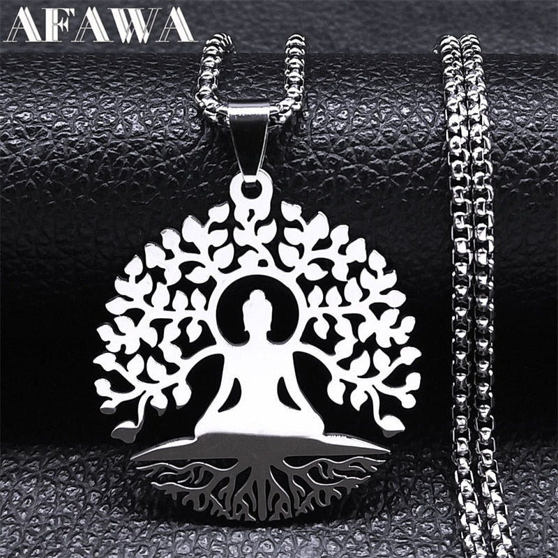 Buddhism Meditation Buddha Yoga Pendant Necklace Stainless Steel Tree of Life Necklace Buddhist Jewelry collares para mujer - Charlie Dolly