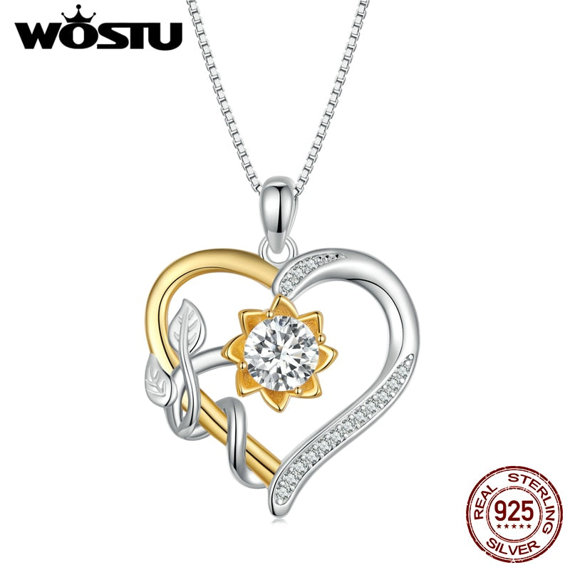 WOSTU 1.0 CT D Moissanite Heart Shape Sunflower Charm Necklace for Women Birthday Gift Double Color Yellow Gold 925 Silver Links
