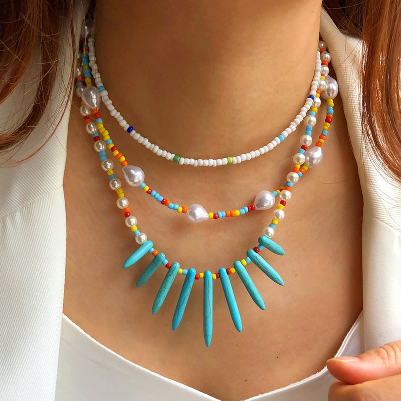 Handmade Beaded Shell Pendant Necklace Pearl Flower Clavicle Chain Vintage Turquoise Choker Necklace Jewelry for Women Gifts