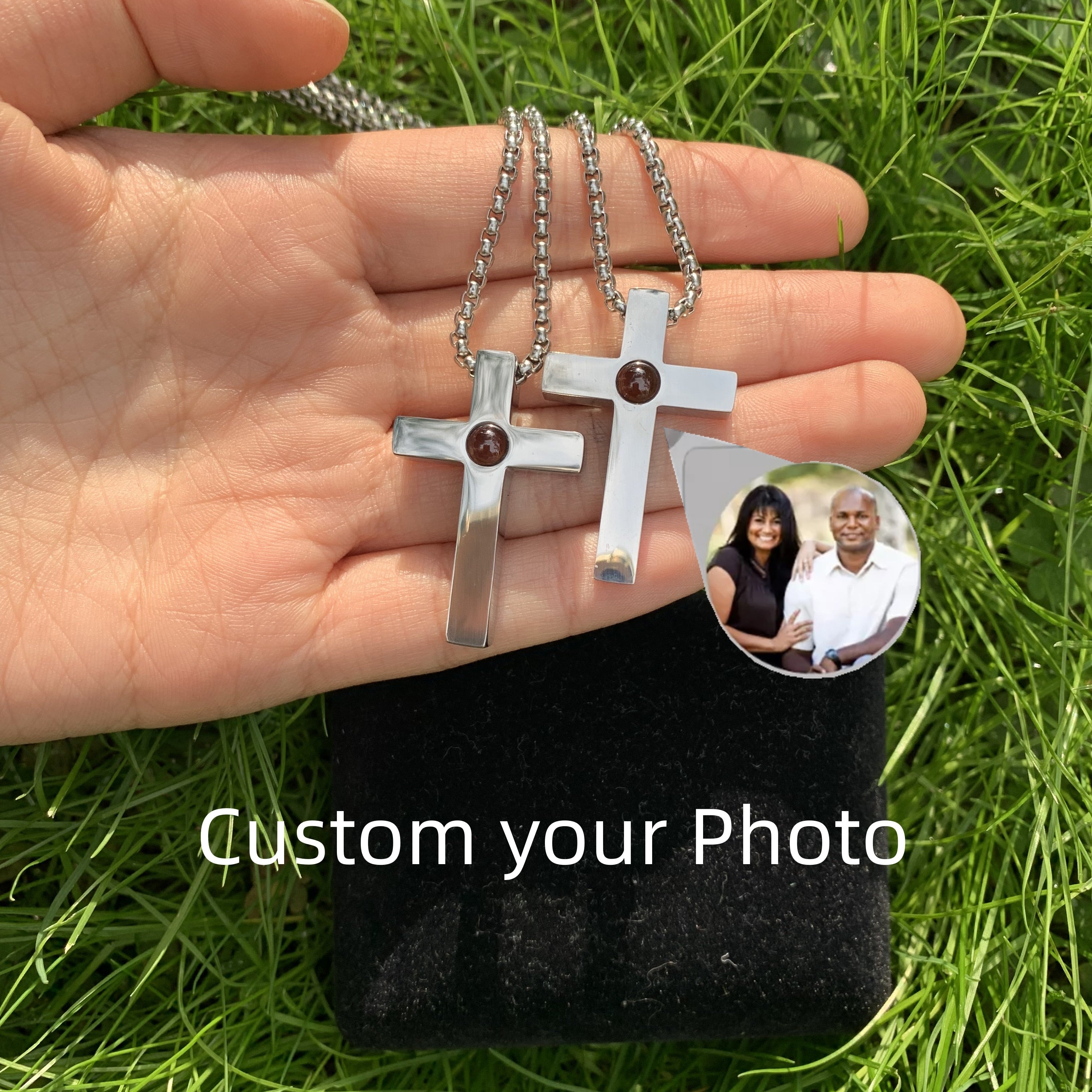 Stainless Cross Photo Custom Projection Necklace with Your Picture Family Memory Pet Projection Pendant Valentine's Day Gift - Charlie Dolly