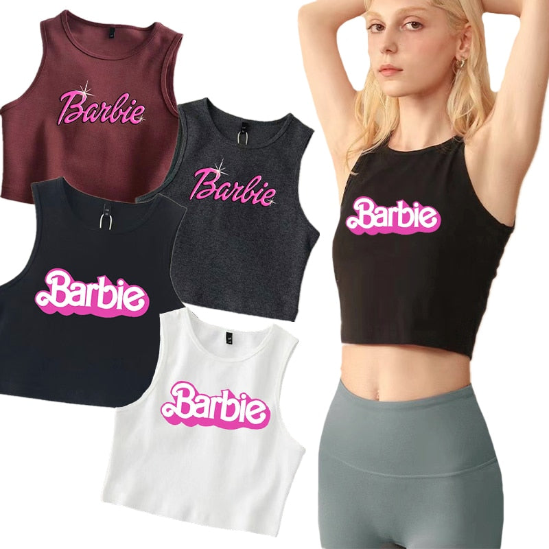 Sexy Barbie Ladies Sleeveless Crop Top Kawaii Cartoon Casual Girls Camisole T-Shirts Vest Y2K Fashion Women Slim Short Tank Tops - Charlie Dolly