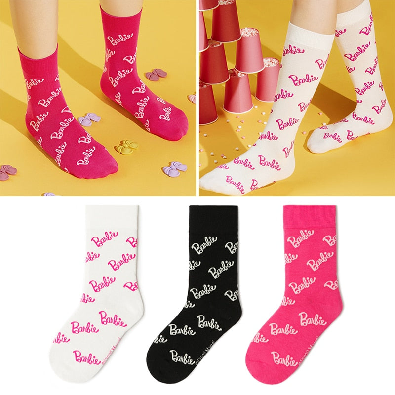 Barbie 3 Pairs Kawaii High Tube Winter Women's Socks Anime Cartoon Girls Pink Cotton Mid-Tube Socks Soft Fashion Sock Gifts Toys