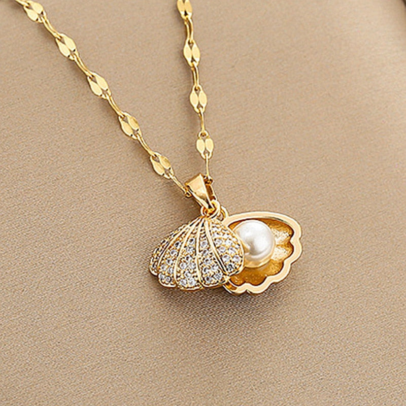 Bohemian Shell Pearl Zircon Pendant Engagement Necklaces for Women Copper Jewelry Accessories Birthday Party Anniversary Gift - Charlie Dolly