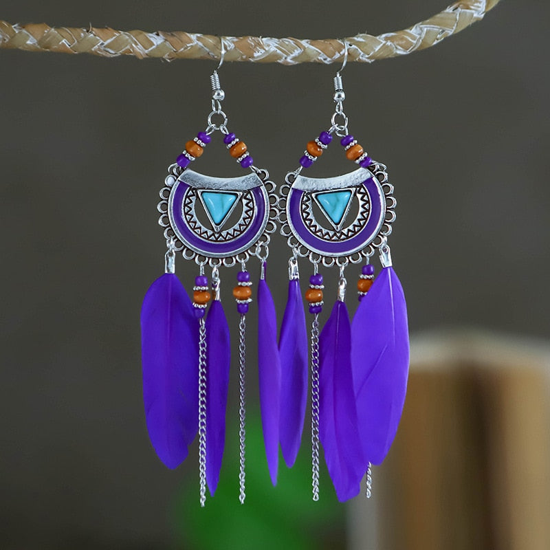 Vintage Bohemian Long Tassel Chain Feather Earrings For Women Boho Geometric Triangle Blue Stone Bead Handmade Wedding Earrings - Charlie Dolly