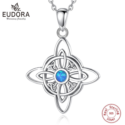Eudora 925 Sterling Silver Witchcraft Celtic Knot Geometry Necklace Men Women Opal Wicca Amulet Necklaces Witch Jewelry Gift