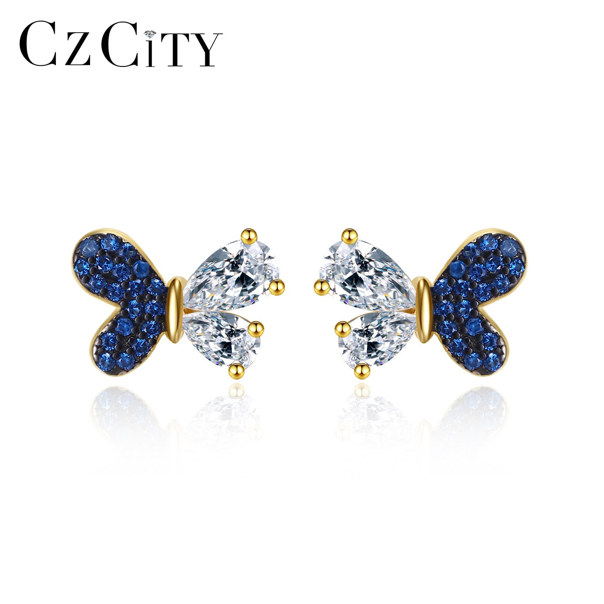 CZCITY Sapphire Blue Cubic Zirconia 925 Sterling Silver Butterfly Stud Earrings Gold Plated Unusual Luxury Party Fine Jewelry - Charlie Dolly