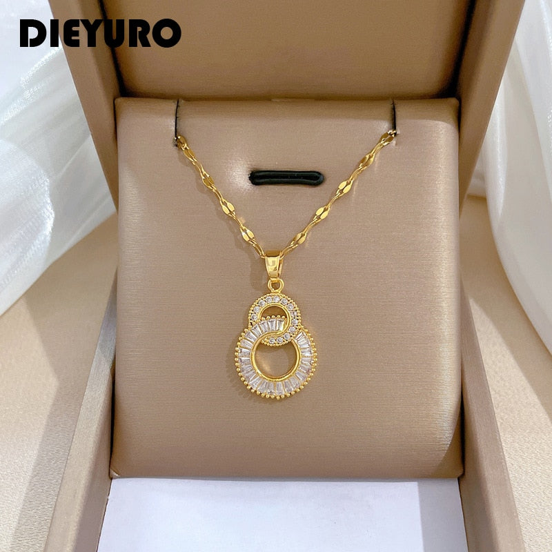 DIEYURO 316L Stainless Steel Crossover Circles Pendant Necklace For Women Girl Luxury Choker Charm Chain Jewelry Gift Party