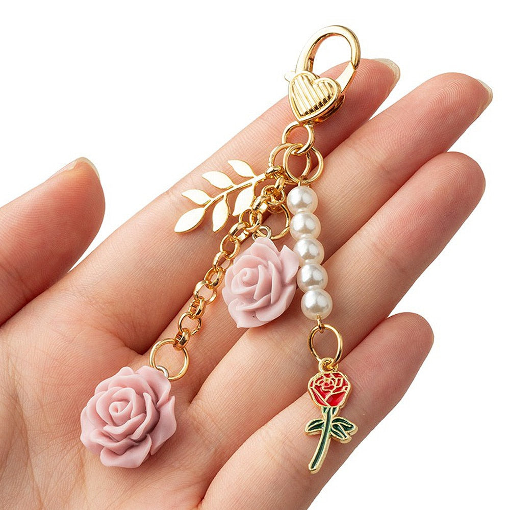 8colors 3D Rose Camellia Keychain Women Girls Sweet Pearl Tassel Flower Keyring With Metal Leaf For Earphone Case Bag Decoration
