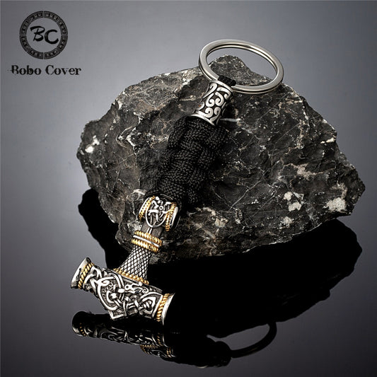 Norse Thor's Hammer Vikings Keychain Men Charm Braided  Lanyard Stainless Steel Keyring Valknut Rune Handmade Retro Jewelry
