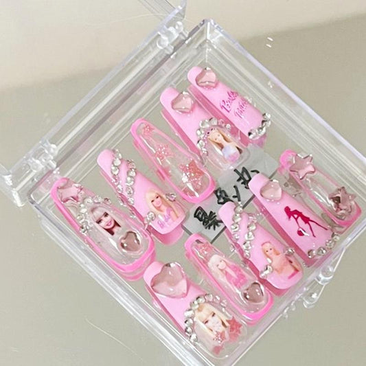 Kawaii Barbie Handmade Nails Patch Stickers Anime Y2K Cartoon Long Coffin Stiletto Wearable Fake Nails Art Manicure Jewelry Gift - Charlie Dolly