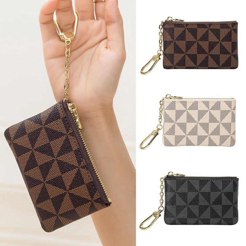 Coin Key Storage Bag with Chain Women Mini Coin Purse Luxury Designer Plaid Leather Small Zipper Wallet Ladies Keychain Trendy - Charlie Dolly