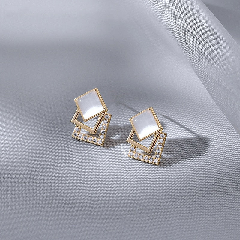European and American Fashion Temperament Opal Geometric Square Earrings Women Personality Simple and Luxury Zircon Earrings - Charlie Dolly