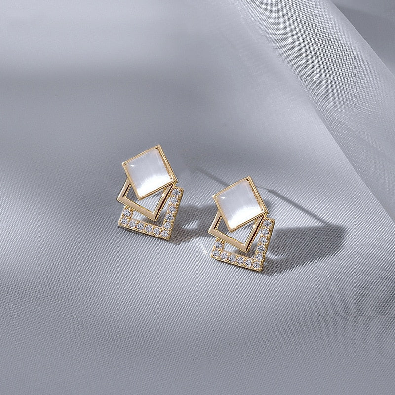 European and American Fashion Temperament Opal Geometric Square Earrings Women Personality Simple and Luxury Zircon Earrings - Charlie Dolly
