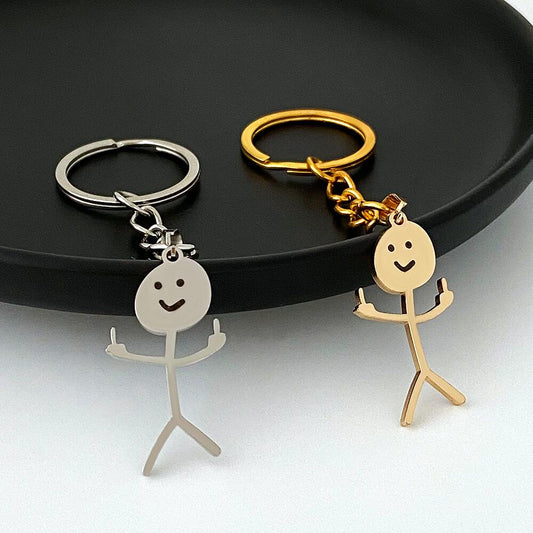 Funny Middle Finger Stickman Keychain Cute Titanium Steel School Bag Car Key Pendant Couple Trinket Gift Keyrings - Charlie Dolly