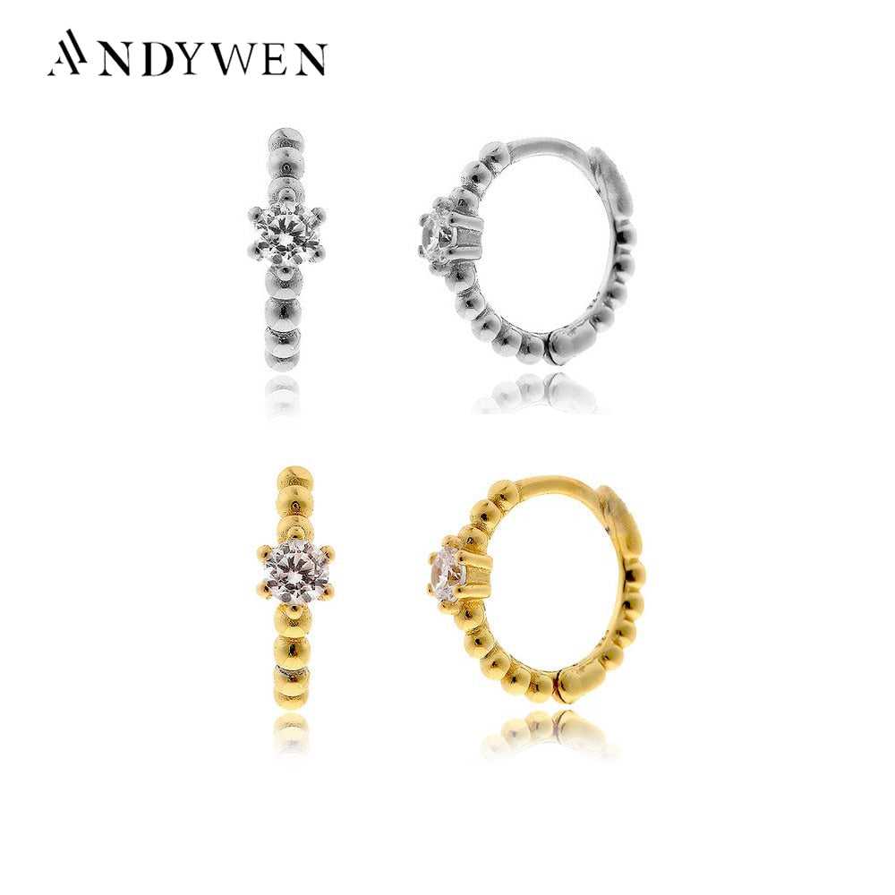 ANDYWEN 925 Sterling Silver 8mm Beads Huggies Middle Hoop Crystal Women Party Piercing Pendiente Clips Wedding Rock Punk Jewelry