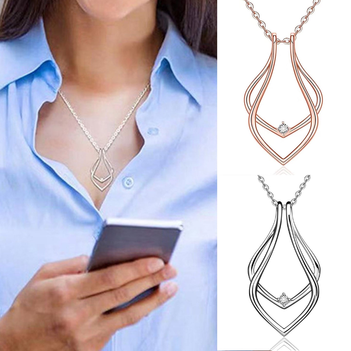 Zinc Alloy Simple Ring Holder Pendant Necklace Geometric Clear Rhinestone Necklace Women Fashion Jewelry Gift 42cm(16 4/8&quot;) Long
