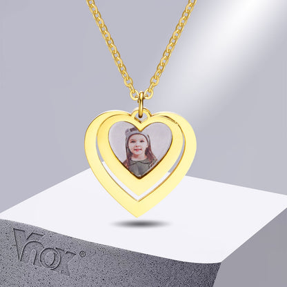 Vnox Free Personalize Photo Picture Necklaces for Women,Stainless Steel Heart Waterdrop Pendant Collar,Custom Engrave Gift