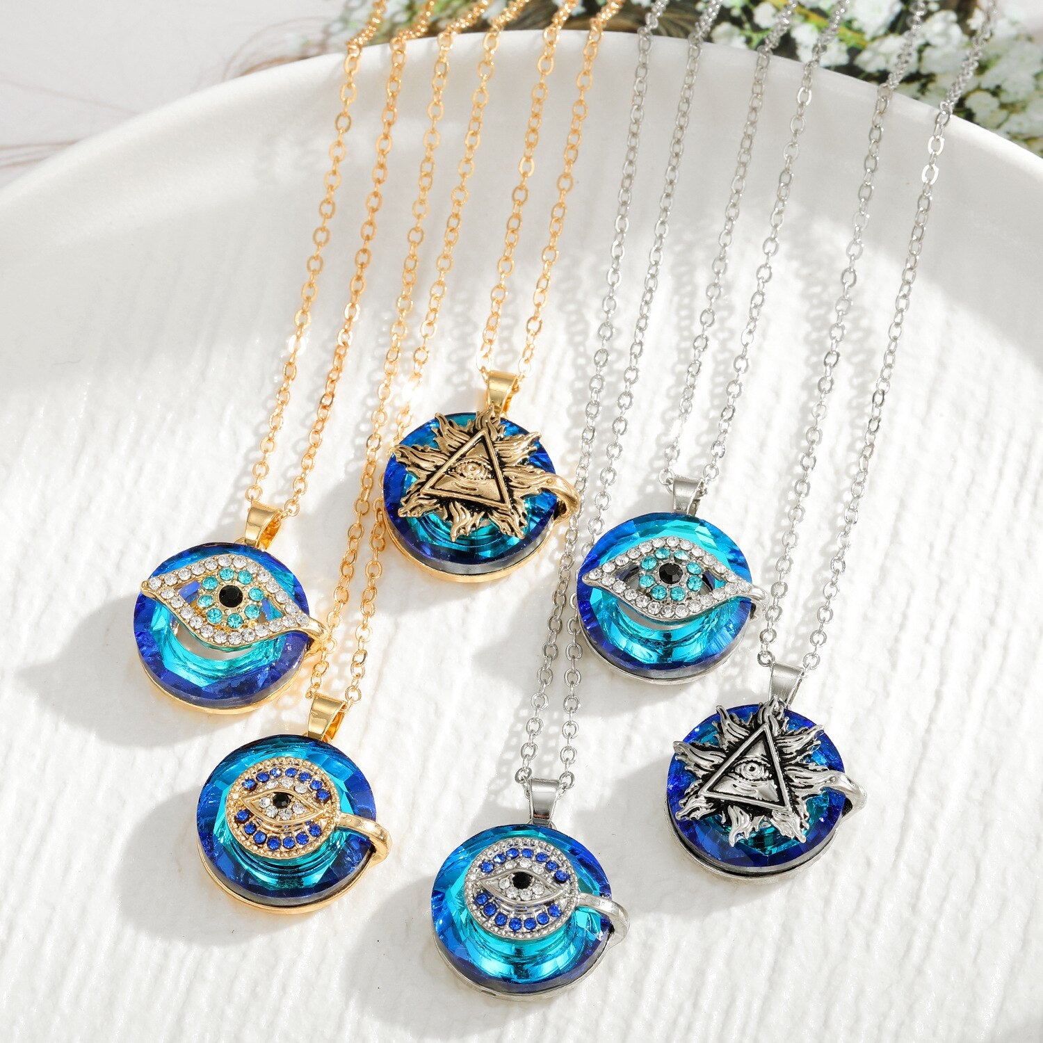 Fashion Evil Eye Pendant Necklaces for Women Men Vintage Crystal Rhinestone Geometric Blue Eye Sweater Chain Necklace Jewelry - Charlie Dolly