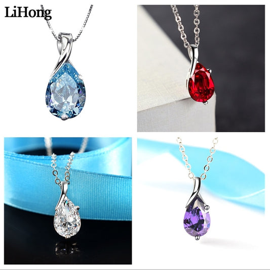 LiHong S925 Sterling Silver Necklace Angel Tears Crystal Blue Pendant Necklace for Woman Charm Jewelry Gift