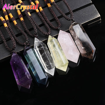 1PCS Natural Crystal Quartz Double Point Pendant Crystal Column Men and Women Pendant Aura Energy Healing Stone Necklace Gift - Charlie Dolly