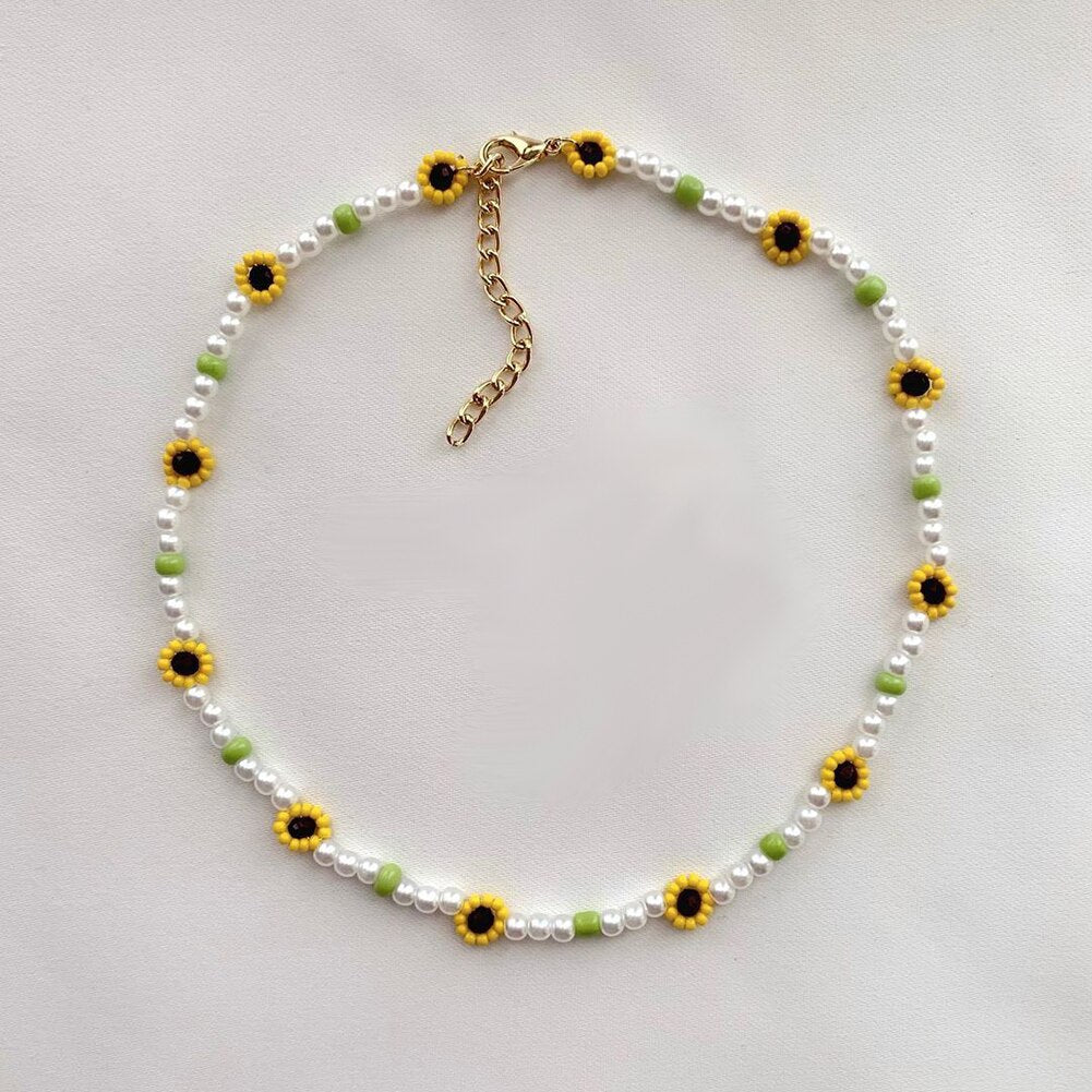 Dvacaman Boho Handmade Sunflower Beaded Necklace For Women Fashion White Imitation Pearl Choker Necklace INS Jewelry Accessories