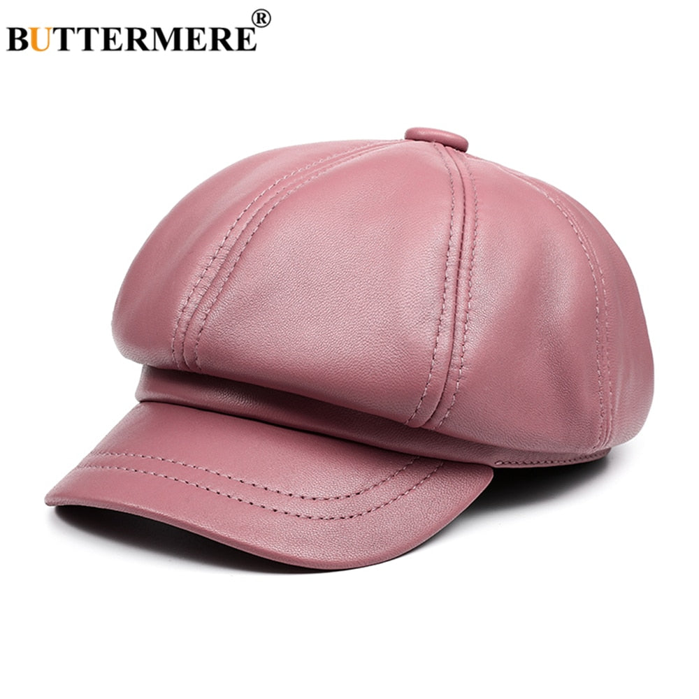 BUTTERMERE Genuine Leather Vintage Hat Women Newsboy Cap Pink Baker Boy Cap High Quality Brand Ladies Winter Octagonal Cap - Charlie Dolly