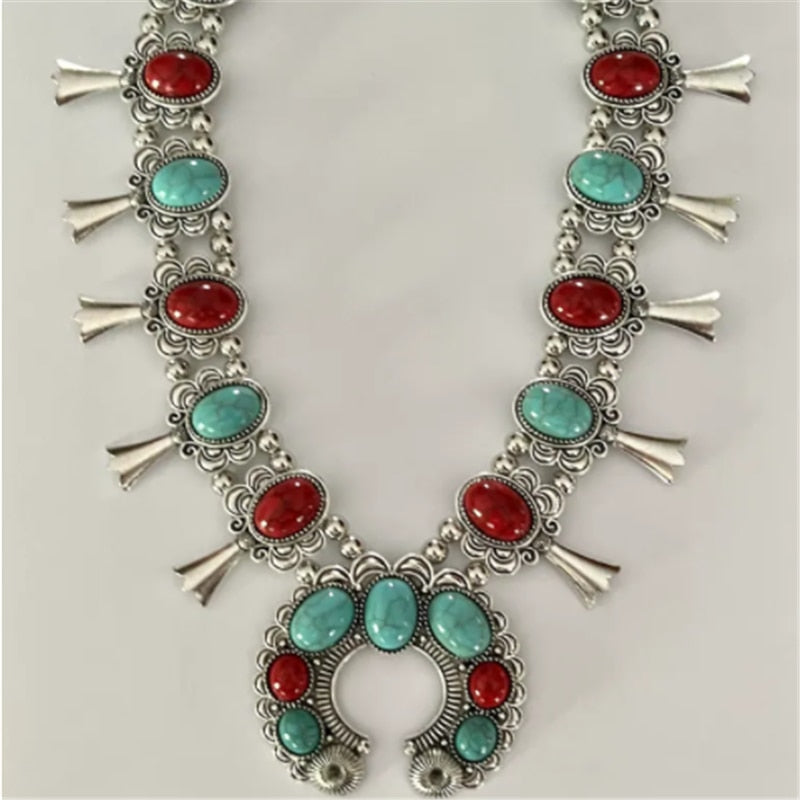 Red and Turquoise Stone Squash Blossom Flower Bib Necklace Turquoise and Silvertone Beaded Squash Blossom Choker Boho CRYSTAL - Charlie Dolly