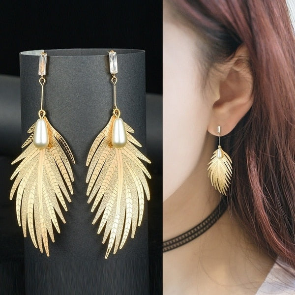 Delysia King Women Alloy Exaggeration Heart Leaf Earrings Trendy Pearl Feather Charming Dangler