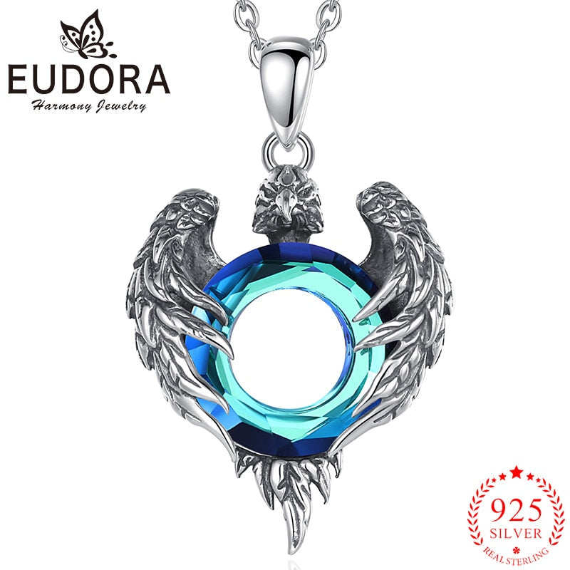 Eudora Real 925 Sterling Silver Eagle Necklace Luxury Austrian Crystal Amulet Pendant Men Women Exquisite Jewelry Party Gift
