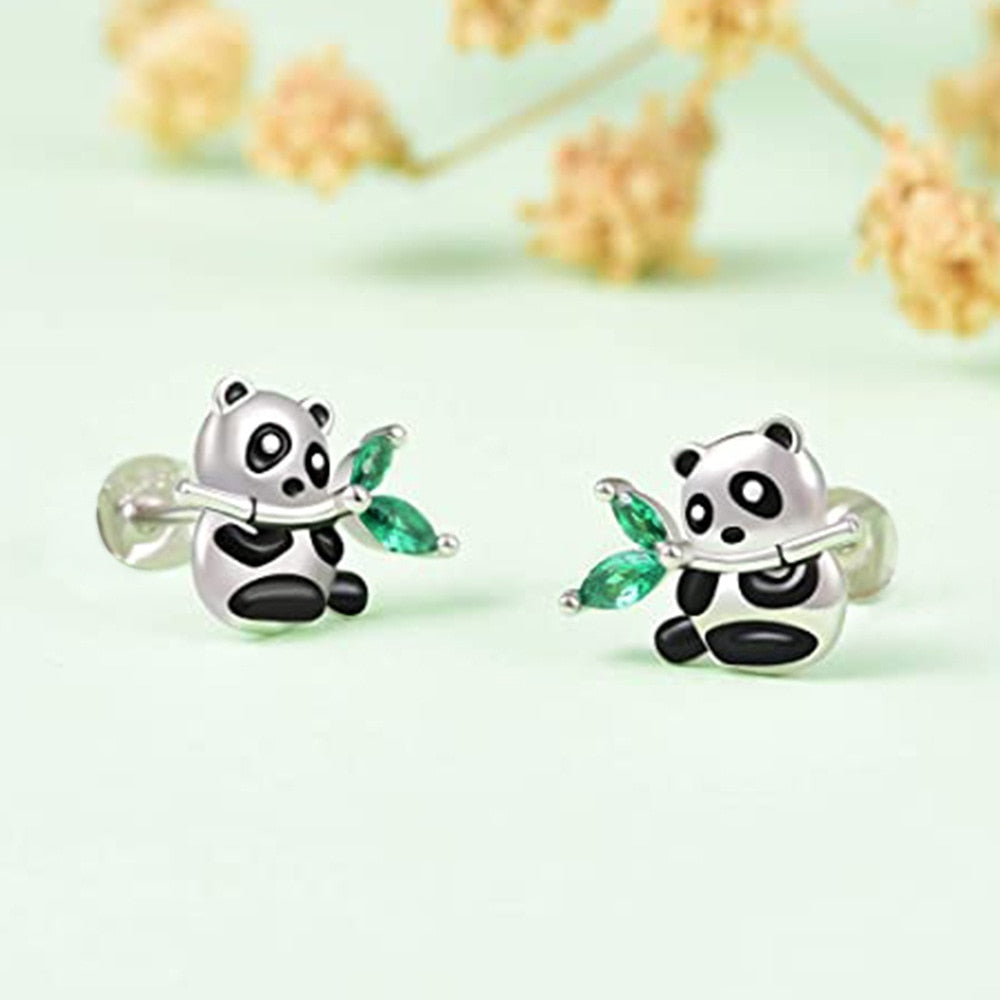 Cute Panda Bamboo Green Crystal Stud Earrings Fashion Women's Animal Earrings Exquisite Birthday Party Jewelry Lovely Girls Gift - Charlie Dolly