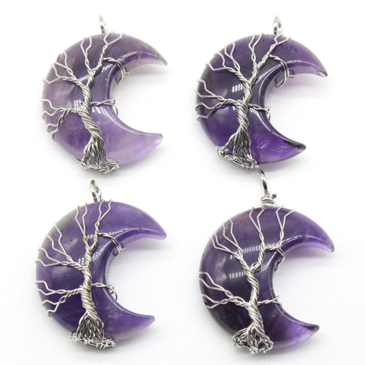 7 Chakras Tree of Life Necklace Wire Wrap Crescent Moons Amethyst Crystal Pendants Quartz Natural Stone Agates Aventurine Make - Charlie Dolly