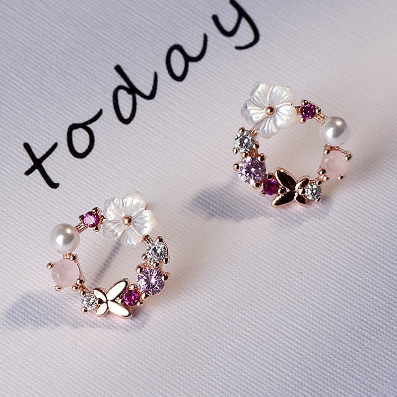 French Light Luxury Flower Butterfly Pearl Stud Earrings For Women Korean Zircon Exquisite Earring Party Christmas Jewelry Gift