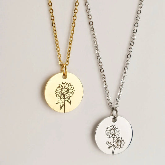 Personalized Sunflower Necklace Girlfriend Jewelry Gift Dainty Disc Engraved Birth Flower Pendant Necklaces - Charlie Dolly