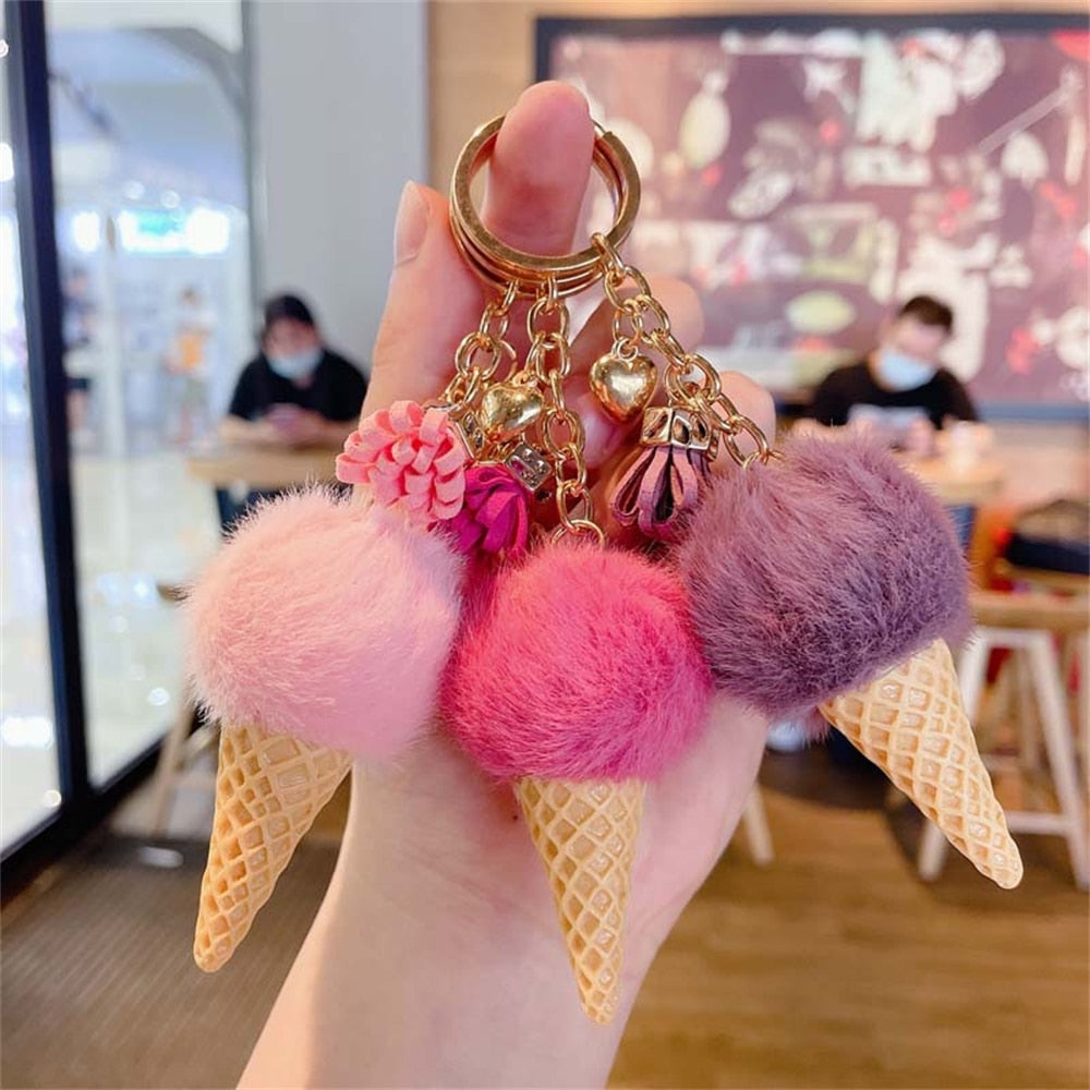 1pc Fashion Cute Mini Ice Cream Key Ring With Tassel Student Fluffy Pom Pom Velvet Plush Keychain For Girls Bag Decoration Gift - Charlie Dolly