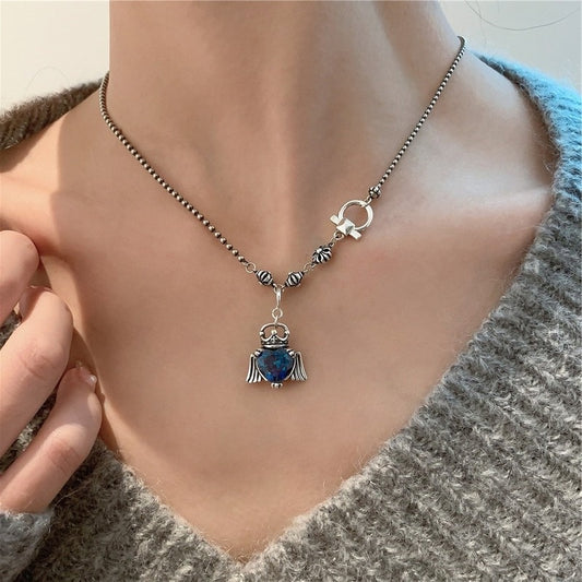 S925 Silver Angel Wings Heart Shape Blue Crystal Pendant Necklace Women Trendy Retro Cross Crown Clavicle Chain Fine Jewelry - Charlie Dolly