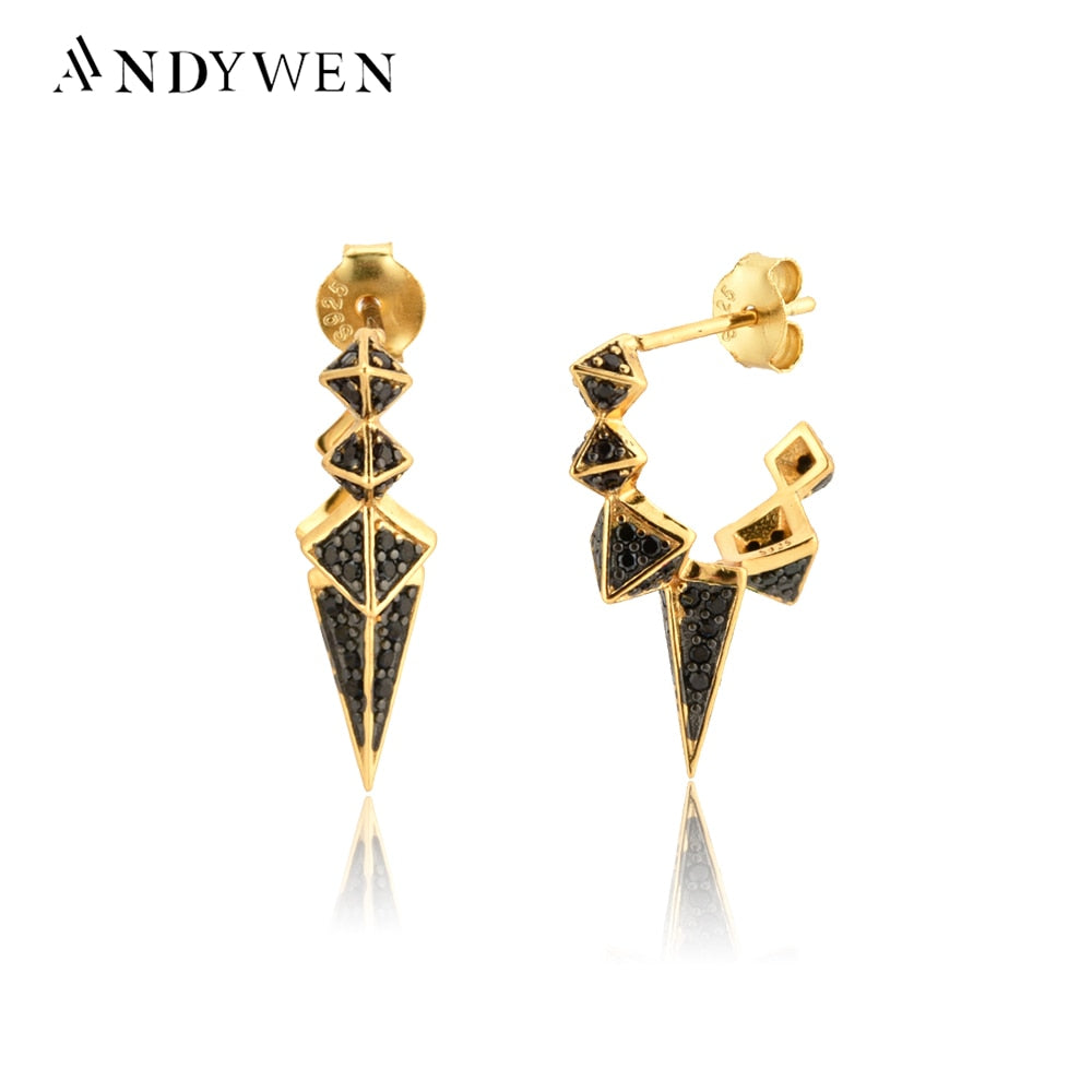 Andywen 100% 925 Sterling Silver Black Enamel Black Zircon Long Spike Hoops Piercing Ohrringe Pendant Women Luxury CZ Jewelry - Charlie Dolly