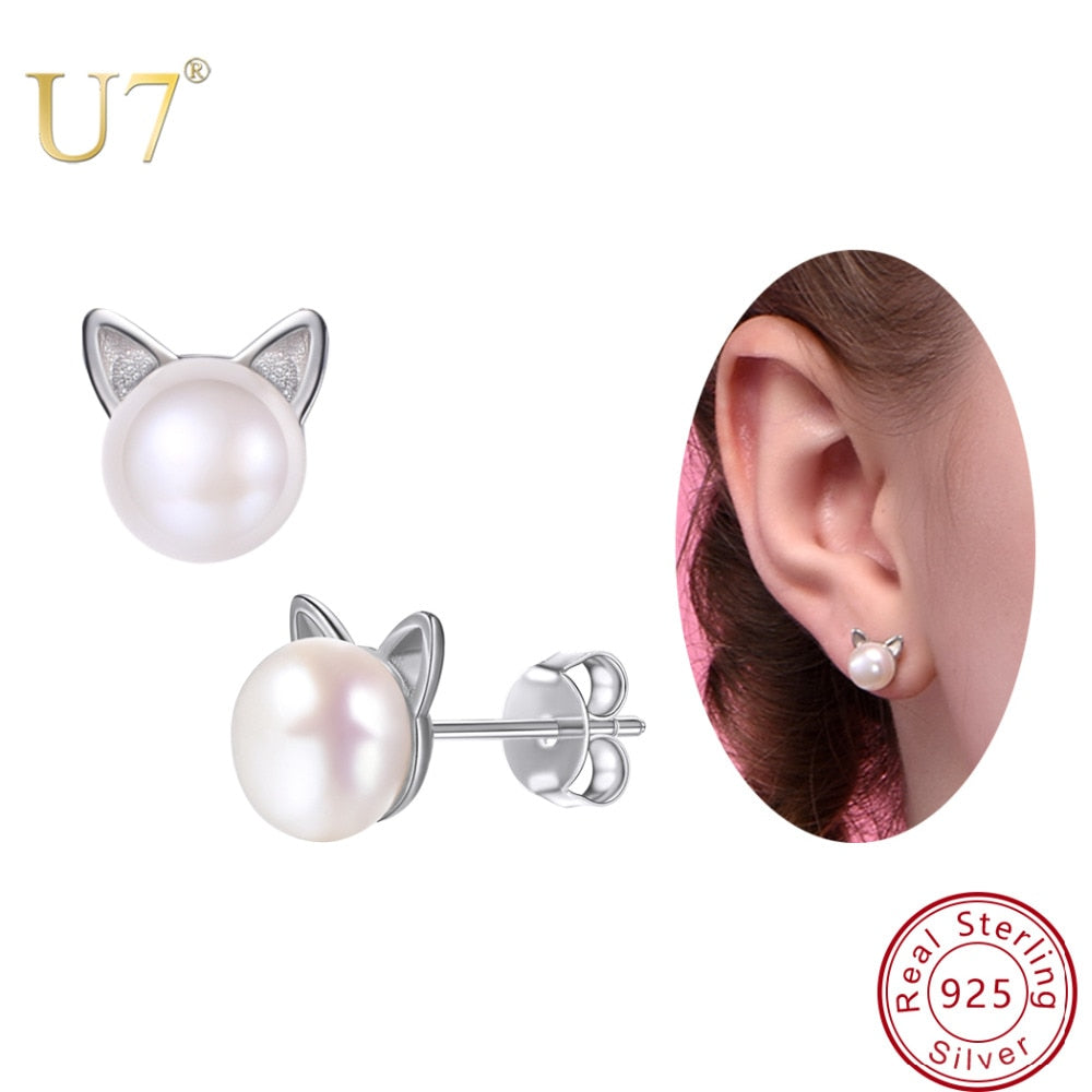 U7 925 Sterling Silver Cute Earrings Cat Stud Earings Women Wedding Jewelry Natural Freshwater Pearl Earrings Mother&#39;s Gift SC02 - Charlie Dolly