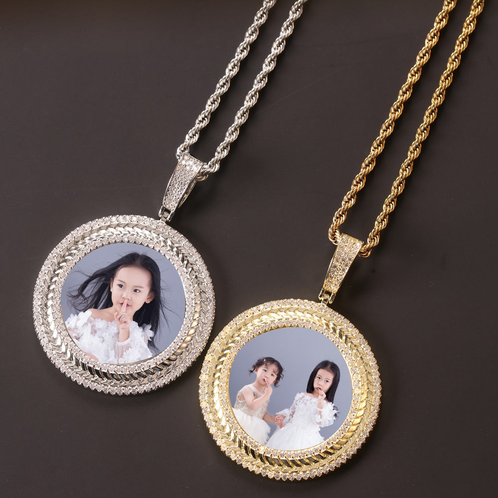 Personalized Iced Out Photo Frame Round Cubic Zircon Memorial Picture Pendant Photo Necklace - Charlie Dolly