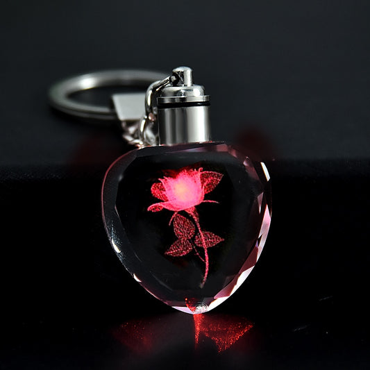 Fashion Colorful Fairy Rose Flower Pattern Love Shape Crystal Rhinestone LED Light keychain Lover Key Chain Keyring Jewelry - Charlie Dolly