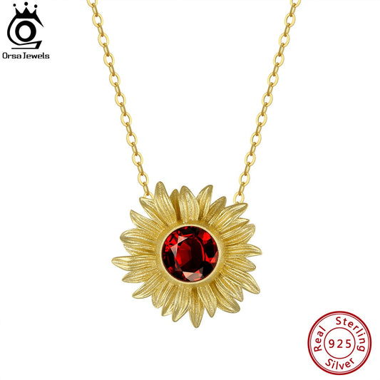 ORSA JEWELS Genuine Natural Garnet 925 Silver Sunflower Design Pendant Necklace for Women Fashion Gemstone Jewelry Gift GMN22 - Charlie Dolly